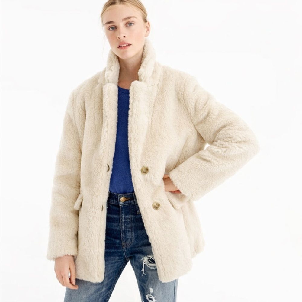 J.Crew Yuna Cream Teddy Faux Fur Coat Women Size Small Style# H2299